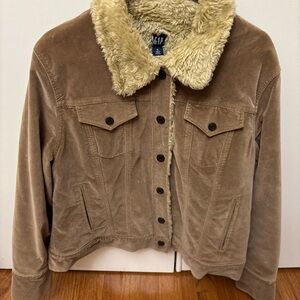 Vintage GAP Jacket Suede Leather Trucker Sherpa Lined Brown Snap Button Up XL